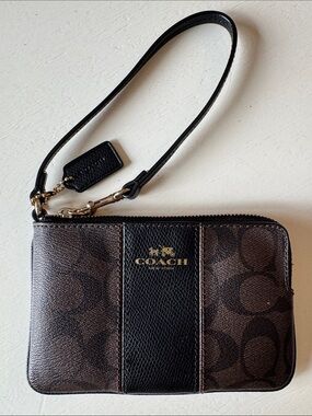 Coach Brown and Black Signature Small Wristlet with Gold Hardware